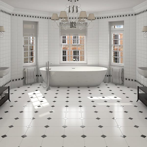 Satin White Classic Octagonal Tile, Octagon Dot Tile Floor