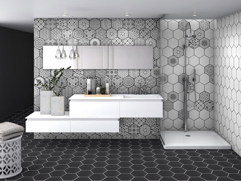 Orient Grey Patterned Hexagon Tiles, Bathroom Floor Tiles Grey Pattern