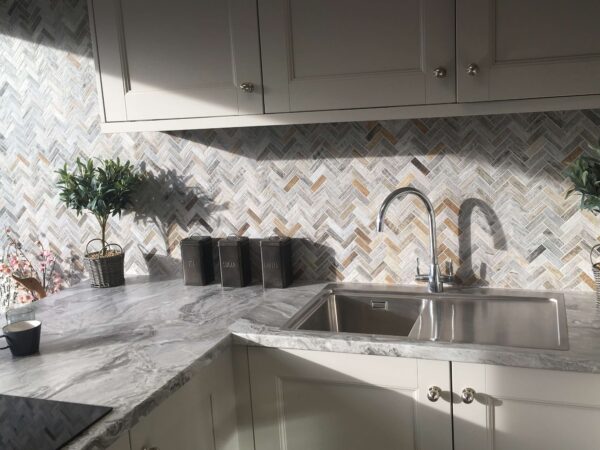 Thick wood effect tiles set as a kitchen splashback