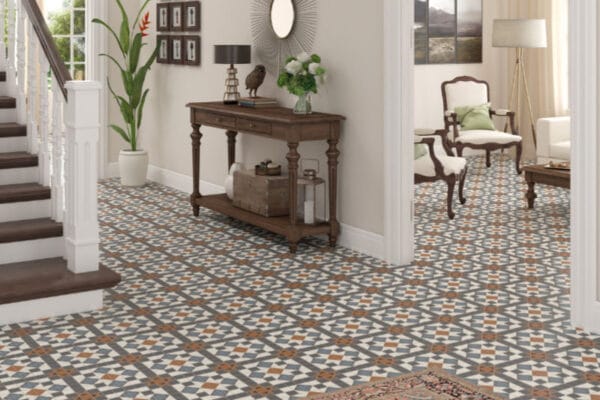 victorian style floor tiles in a light blue, buff and white colouration